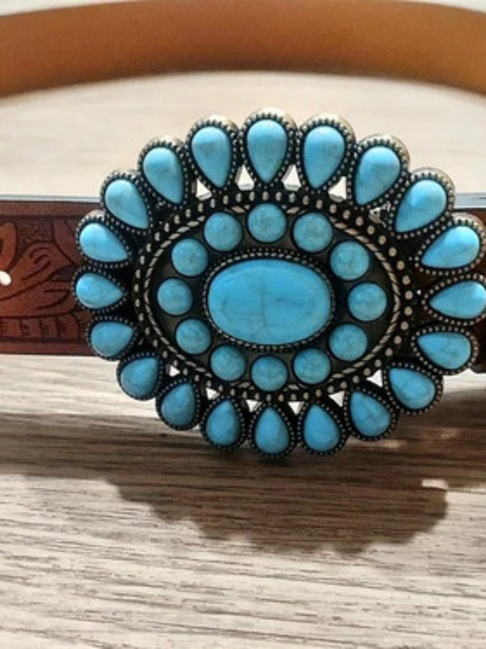 Tooled Leather-Look Western Belt in Brown & Blue